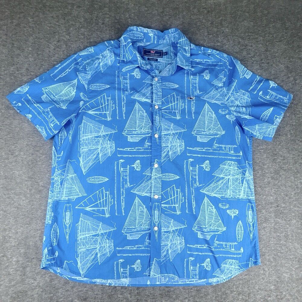 Vineyard Vines "Whale Shirt" Mens Sz XL 100% Cotton Blue Nautical Sailboat